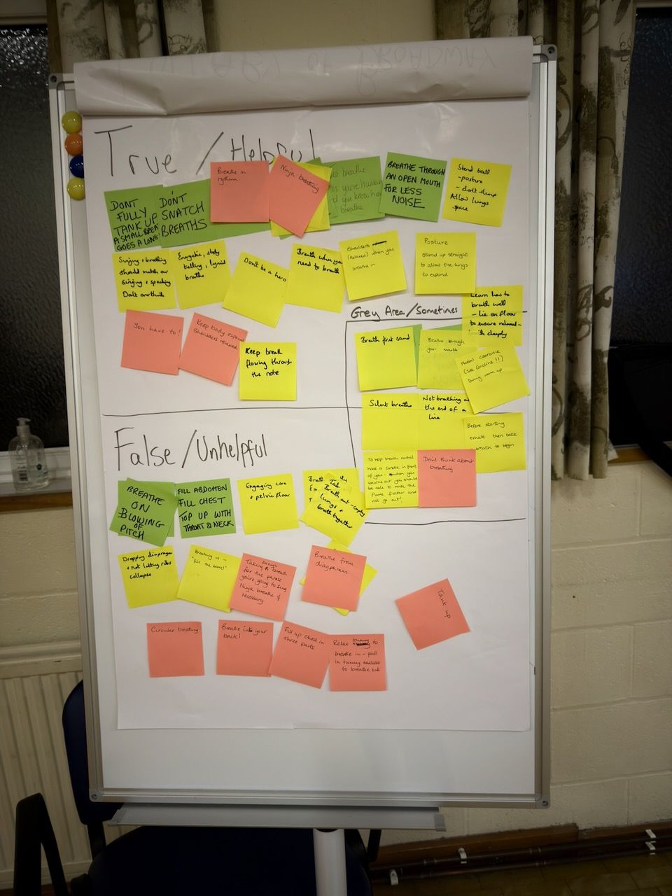 A whiteboard with several post-it notes containing ideas for breathing for singing, categorised by their helpfulness/correctness